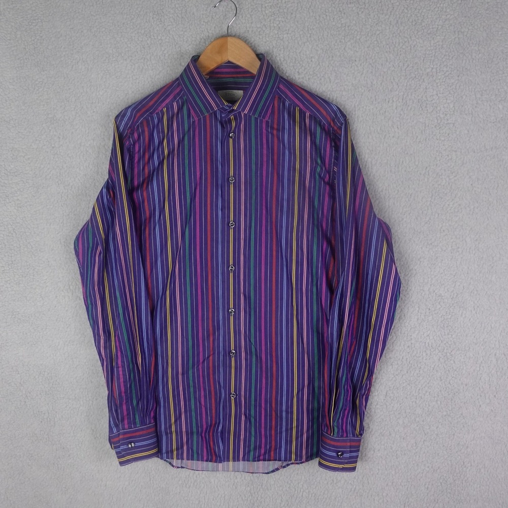 Eton Contemporary Fit Dress Shirt Mens 16.5/42 Purple Multi Color Stripe Cotton - Picture 2 of 8